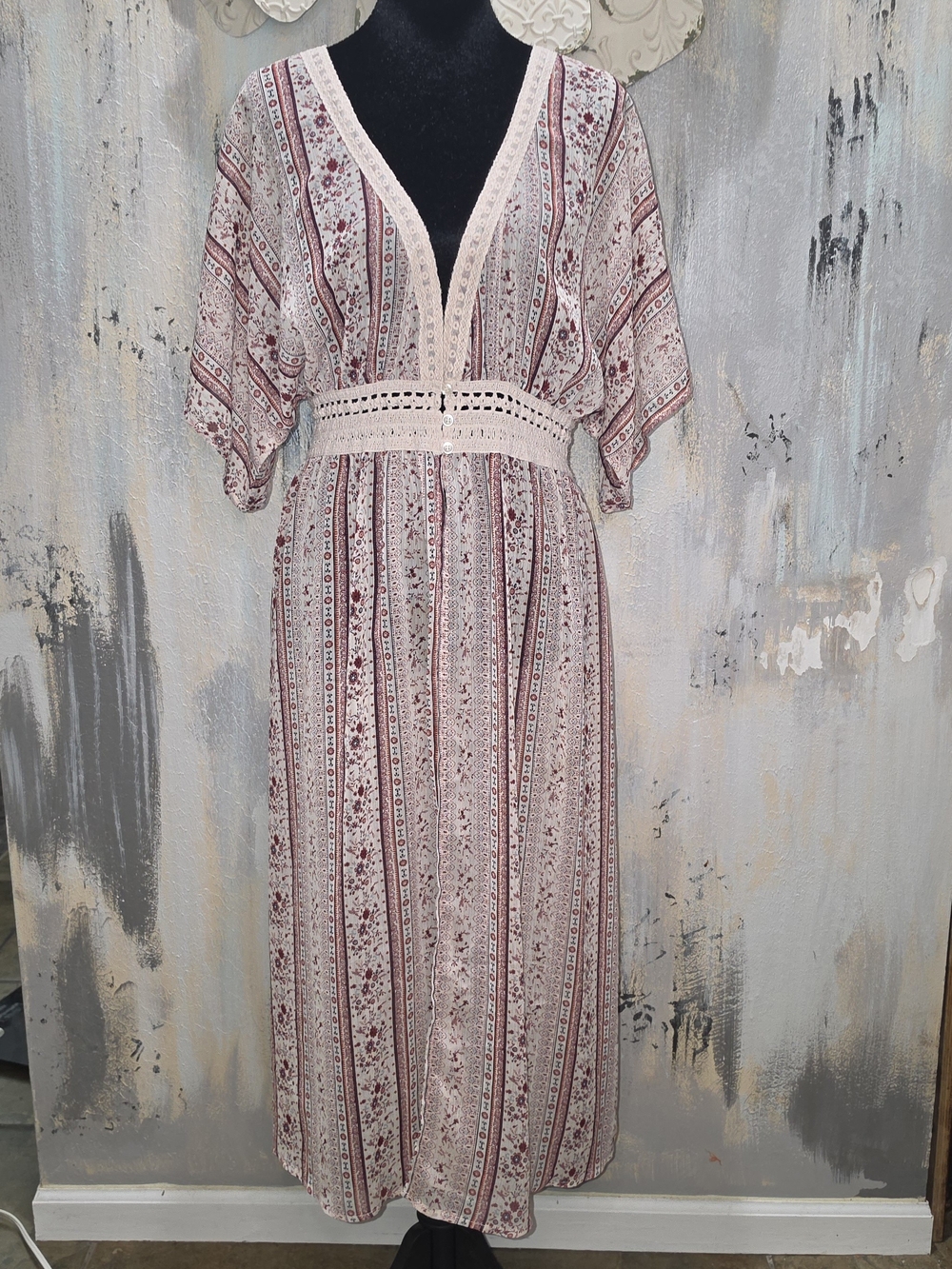 Forever 21 Cream & Burgundy Striped Boho Tunic Maxi Light & Breezy Size Lrg
